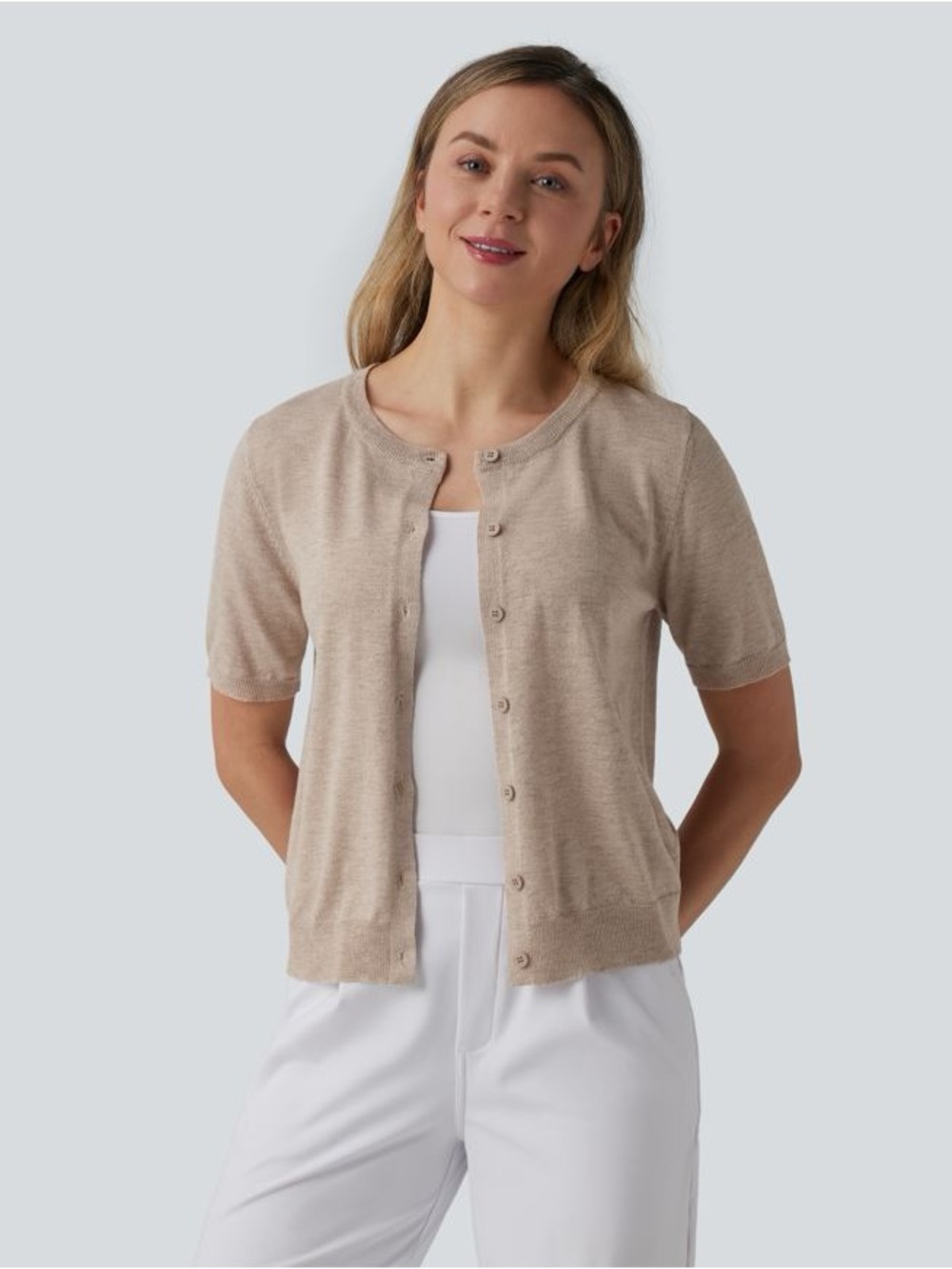 Round Neck Short Sleeve Work Wool-Blend Cardigan